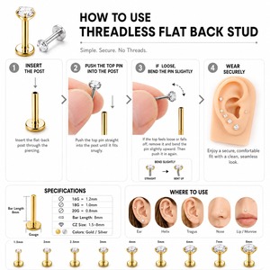 Vente en gros de bijoux de piercing corporel tendance en acier inoxydable 316L 16G hypoallergénique avec zircone cubique, à enfiler pour cartilage, finition 14k - Product Image 4