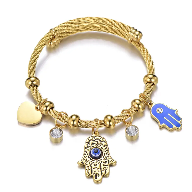 Designer Stainless Steel Evil Blue Eye Hand Of Hamsa Adjustable Women Jewelry Charm Bracelet Bangle