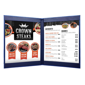 Porte-menu en similicuir bleu, taille personnalisée, couverture de menu double face, livre de menu de restaurant, vente en gros - Product Image 1