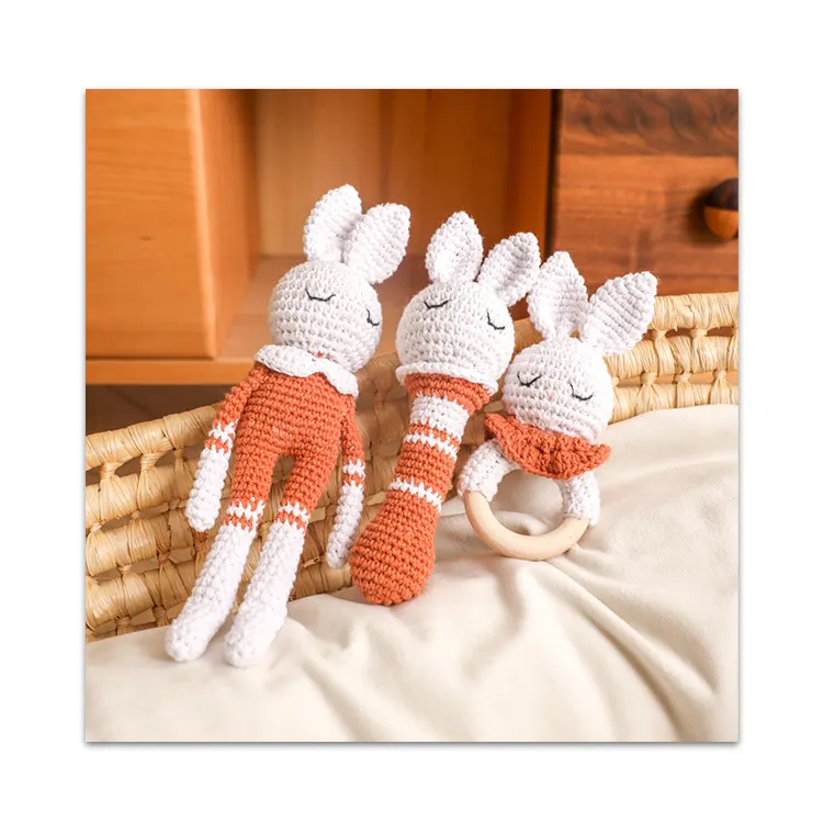 Handmade Wooden Toy Wood Ring Rabbit Cotton Neutral Crochet Baby Gift Bunny Rabbit Rattle Teether