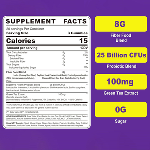 Gomitas de fibra prebiótica OEM ODM 25 mil millones de CFU extracto de té verde probiótico compatible con la salud digestiva para adultos gomitas de fibra 8G - Product Image 6