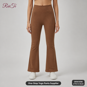 Pantalon de yoga marron personnalisé sans couture pour femme, coupe évasée, taille haute, côtelé, respirant, séchage rapide, extensible, pour la gym et l'entraînement - Product Image 1