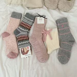 Womens Wool <b>Socks</b> Mid Calf Gray Pink Stripes Checks Thermo Warm Autumn <b>Winter</b> Cotton Soft Comfortable - Product Image 2