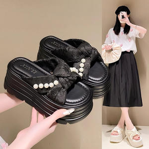 Fashion Metal <b>Wedge</b> Heels <b>Platform</b> Slippers New Women 8CM Heels Leather Chunky Sandals Woman Summer Thick Bottom <b>Wedges</b> Slides - Product Image 2