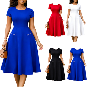 D619 Nouvelle Collection Robes de Soirée Élégantes et Décontractées Printemps-Été pour Femmes, Col Rond, Taille Cintrée, Coupe Trapèze Unie - Product Image 1