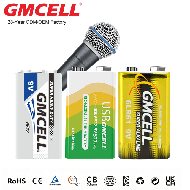Wireless Microphone 9V Battery  9V USB Lithium Rechargeable Rectangular battery, Alkaline  6LR61,  Carbon Zinc 6F22 Square batte