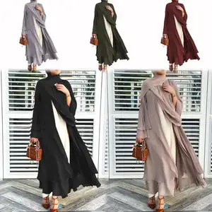 Custom Solid Color Pleated Chiffon Islamic Modest Dress With Belt Long Sleeves Abaya Dubai Woman Muslim Dress Clothing
