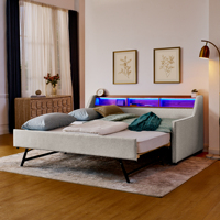 Sofá Cama Individual Tapizado en Lino con 3 Luces LED, Cabecera con Almacenamiento, Patas Plegables, Cama Nido Extraíble y Carga Inalámbrica