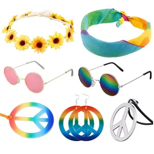 Hippie Costume Set Rainbow Peace Sign Necklace and Earrings Tie Dye Headband For Men And Women 60s 70s Retro Hippie Dressing