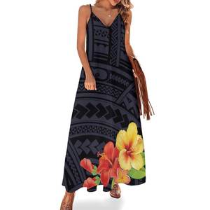 ชุดเดรสยาวลายสักชนเผ่าโพลีนีเซียน ลายดอกชบาและดอกลีลาวดี <span class=keywords><strong>คอ</strong></span>วี แขนกุด สำหรับฤดูร้อน ชุดไปเที่ยวทะเล  ดรอปชิปปิ้ง - Product Image 5
