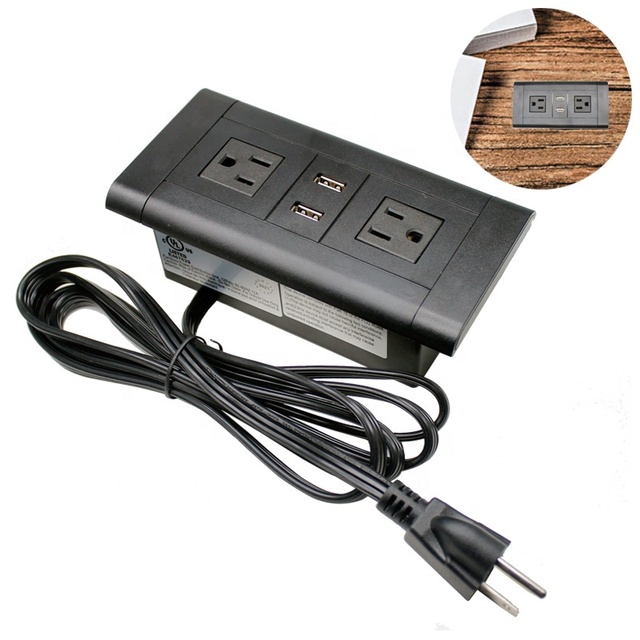 Hotel Desk Kitchen Conference Furniture Recessed 1.5M Power Strip Socket Outlet with 2 USB Ports