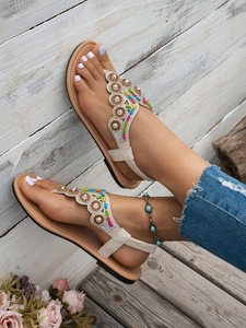 Sandales tongs bohèmes pour femmes, perles colorées, ornements en fausses perles, sangle élastique à la cheville, chaussures plates d'été - Product Image 6