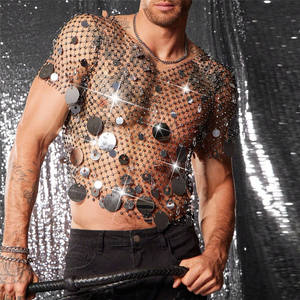 Canottiere con stella re Mcgreen Top da <span class=keywords><strong>uomo</strong></span> a rete con muscolatura lucida trasparente gilet con paillettes rotondo senza maniche indumento da discoteca per feste - Product Image 4