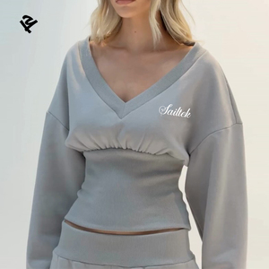 Conjuntos de Loungewear Personalizados de 2 Peças para Mulheres, Moletom de Manga Longa com Decote em V e Calças Largas, Roupas Casuais de Rua - Product Image 3