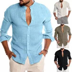 <span class=keywords><strong>Chemise</strong></span> décontractée bleue pour <span class=keywords><strong>homme</strong></span> en coton et lin, coupe ample, à manches longues, pour le printemps et l'été, élégante - Product Image 1
