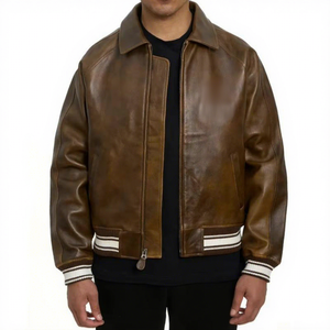 Chaqueta Bomber Casual Gruesa de Poliéster Marrón para Hombre con Diseño de Parche de EE. UU. y Logotipo Bordado en la Parte Delantera, Ropa de Abrigo para Otoño - Product Image 1