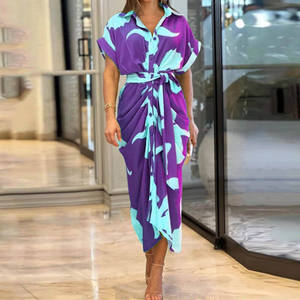 PASUXI <span class=keywords><strong>Vestido</strong></span> Largo de Verano para Mujer, a la Moda, Sexy, Nuevo, Estampado, <span class=keywords><strong>Manga</strong></span> Corta, con Cuello, Plisado, con Bandas, Elegante, Playero, de Corte Entallado - Product Image 4