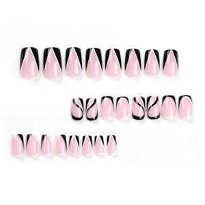 Ms.Miemie 24 <span class=keywords><strong>Uñas</strong></span> Postizas Reutilizables de ABS, Diseño de Ataúd Largo con Línea Blanca <span class=keywords><strong>y</strong></span> Negra, Punta de Uña Falsa para Dedos, <span class=keywords><strong>Uñas</strong></span> al por Mayor - Product Image 2