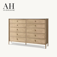 Commode de style Mid-Century en chêne massif noir avec plateau en marbre, dix tiroirs, grand rangement, poignées annulaires, pieds coniques, écologique, pour chambre à coucher