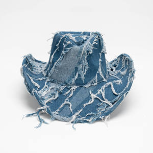Chapeau <span class=keywords><strong>de</strong></span> cowboy vintage américain délavé à bords effilochés, chapeau en denim unisexe à large bord avec décoration en pompon pour le style <span class=keywords><strong>de</strong></span> rue en plein air - Product Image 3
