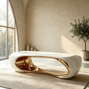 Tavolino da Caffè Curvo in Fibra di Vetro con Cornice Bianca Lucida e Dettagli Oro per Interni di Casa Contemporanea di Alta Gamma - Product Image 4