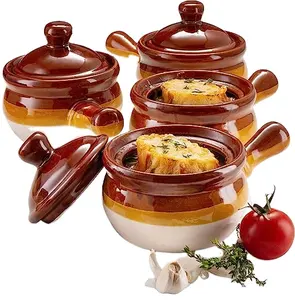 一套4个带盖的法国洋葱汤瓦罐陶瓷碗大手柄洗碗机微波炉烤安全陶瓷汤碗
