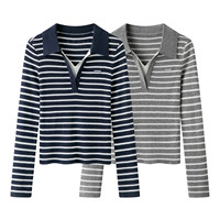 Haut en tricot à col polo rayé pour femme, effet deux pièces, nouvelle collection automne, pull slim à manches longues et couleurs contrastées 2610-33b