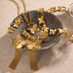 2026 High End PVD Gold Plated Butterfly Tassel Earrings 316L Stainless Steel Waterproof Butterfly Necklace Jewelry <b>Set</b> - Product Image 5