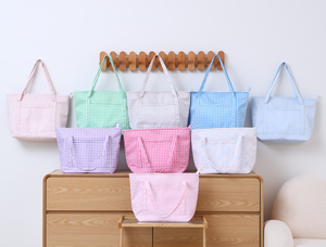 Sac <span class=keywords><strong>à</strong></span> main matelassé en gingham doux avec poche avant, sac fourre-tout léger en tissu écossais <span class=keywords><strong>Vichy</strong></span> pour le shopping - Product Image 1