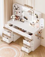 Coiffeuse moderne en bois massif et fer avec miroir lumineux, 5 tiroirs et station de charge - Table de maquillage de 50 pouces pour chambre à coucher
