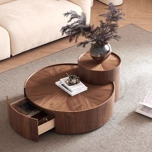 Modern Round Walnut Coffee <b>Table</b> Set Living Room <b>Decor</b> Wabi Sabi Style Artisan Design - Product Image 4