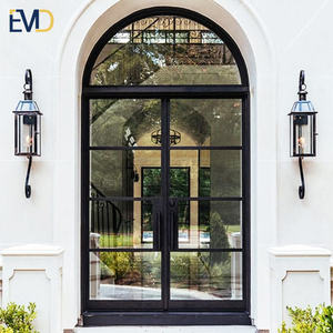 Puertas Exteriores de Madera para Entrada Principal con Arco de Estilo Europeo, Acabado en Madera Sólida, Pantalla de Nailon, Acero y Vidrio - Product Image 1