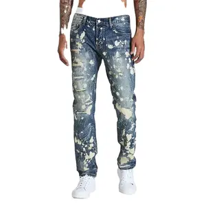 Özel kot mor rüzgar toptan Streetwear Indigo Denim kot erkek boya sıçramak yırtık Skinny Jeans erkekler için