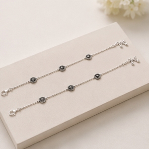 925 Silver <b>Oxidized</b> Charm Payal Anklet for Women Traditional Adjustable Chain Anklet Ethnic Foot Jewelry Pair - Product Image 1
