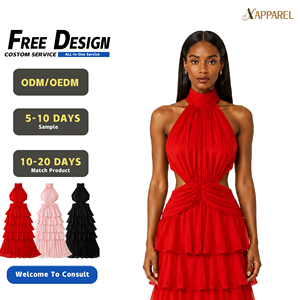 Robe de soirée longue en mousseline de soie à col halter, découpes latérales, volants étagés, taille froncée, rouge, design sur mesure GRS, ODM, pour femme A&J - Product Image 1