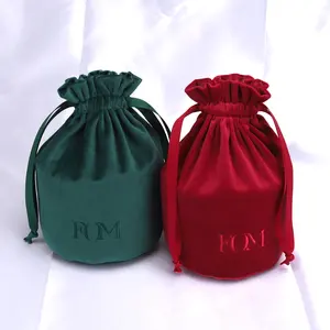 Saco de veludo estampado de logotipo, sacola redonda para presente de veludo com cordão, embalagem de luxo, bolsa de joias de veludo