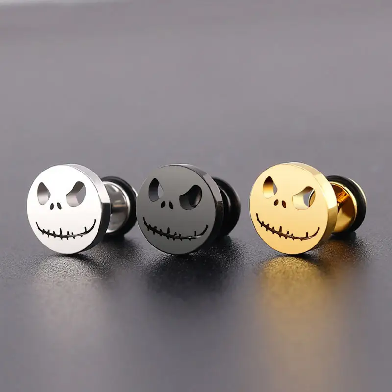 Fashion Titanium Round Cake Stud Earrings For Men Women Smile Halloween Pumpkin Head Earings Stainless Steel Jewelry Evil Eye