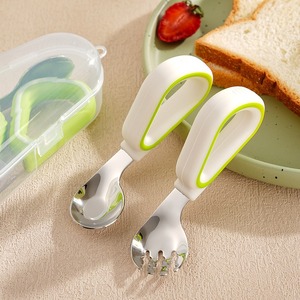Ensemble cuillère et fourchette pour bébé en acier inoxydable et silicone, sans BPA, motif dessin animé, non toxique, pour tout-petits, ustensiles de repas, rangement - Product Image 2
