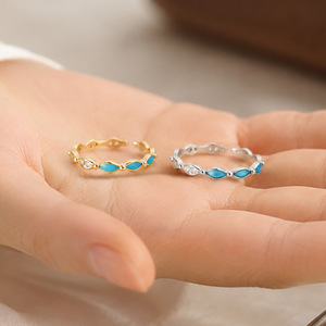 Anel Aberto Elegante em Prata S925 Banhado a Ouro <span class=keywords><strong>18K</strong></span> com Esmalte Azul e Diamante, Anel Ajustável em Prata Esterlina 925 - Product Image 3