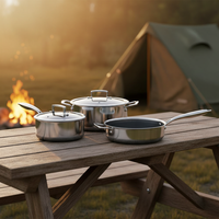 Ensemble de 5 ustensiles de cuisine d'extérieur en acier inoxydable antiadhésif, comprenant une poêle nid d'abeille + une casserole + une marmite, portable pour le camping et la randonnée