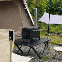 Poêle de camping pliable noir mat à bois, portable, pour cuisson en extérieur avec ouverture supérieure, pieds de support stables et coupe-vent