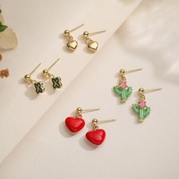 Boucles d'oreilles pour femmes en forme de cœur et de trèfle à quatre feuilles, avec effet goutte d'huile colorée, et boucles d'oreilles cactus personnalisées et originales