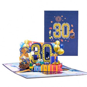 Carte de vœux pop-up d'anniversaire, carte de vœux 3D pop-up de luxe avec ballons et boîte cadeau, carte d'anniversaire faite à la main pour 30 ans - Product Image 1