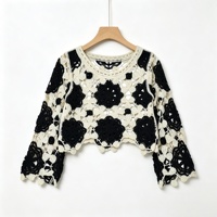 Haut tricoté ajouré style bohème à motif floral pour femme, manches longues, coupe ample et légère, idéal pour la plage ou le quotidien, OEM ODM
