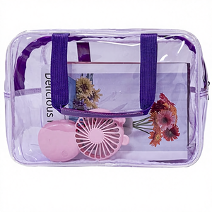 Sac de maquillage transparent imperméable en PVC pour voyage, avec fermeture éclair, poignées et sangles, violet - Product Image 1