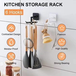 Utensilios de cocina montados en la pared no perforados, estante de almacenamiento con gancho de cocina giratorio de 360 grados - Product Image 4