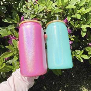 แก้วน้ำโซดาเบียร์แบบมีฝาปิด PP ขนาด 15, 16, 20 ออนซ์ สีขาวกลิตเตอร์ผสมสีโฮโลแกรมวิบวับ สำหรับงานซับลิเมชั่น - Product Image 4