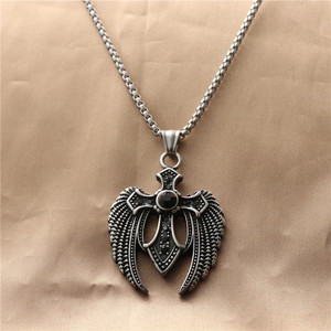 Wings <b>Cross</b> Pendant Necklace With Red Gemstone Pave Setting Stainless Steel Fashion Jewelry Gift For Men Women - Product Image 3