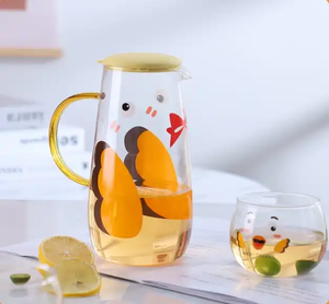 Tùy chỉnh bán buôn kính đặt nước Jug Glass <span class=keywords><strong>Pitcher</strong></span> <span class=keywords><strong>Set</strong></span> dễ thương gà màu vàng thủy tinh trong suốt bộ 5 cái uống cup W - Product Image 2