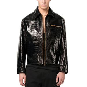 Blouson Moto Court en Cuir Gaufré Façon Croco de Luxe pour <span class=keywords><strong>Homme</strong></span>, Couleur Tan, Fermeture Éclair Avant, Fournisseur en Gros, Vêtement d'Extérieur de Haute Qualité TKAN879 - Product Image 1
